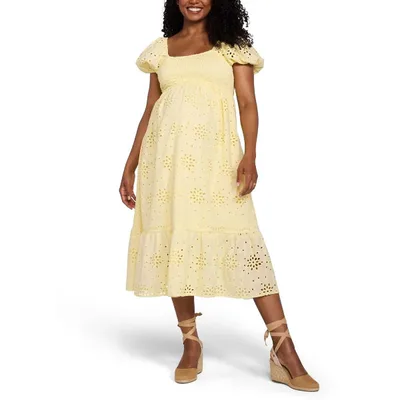 Target Women's Smocked Bodice with Puff Sleeves Maternity Midi Dress - Pastel Yellow - Size: Large - Motherhood Maternity