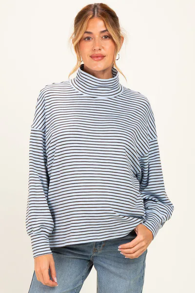 PinkBlush Light Blue Striped Mock Neck Oversized Maternity Top