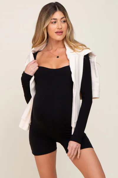 PinkBlush Black Square Neck Long Sleeve Maternity Romper