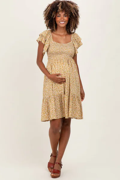 PinkBlush Yellow Floral Smocked Flutter Sleeve Maternity Dress