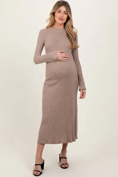 PinkBlush Light Mocha Ribbed Knit Maternity Midi Sweater Dress