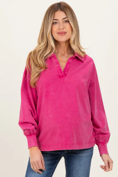 PinkBlush Magenta Sunfade Cotton Collared Long Sleeve Maternity Top