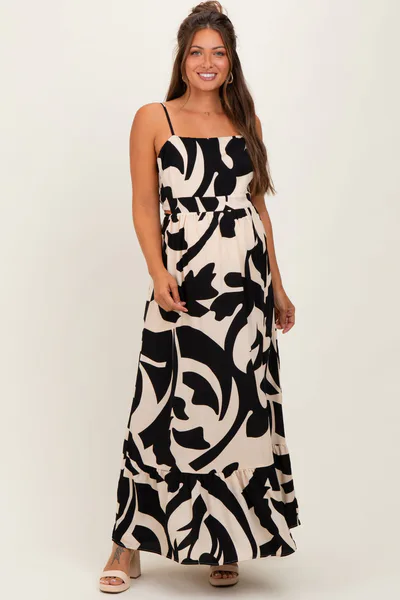 PinkBlush Black Printed Sleeveless Cutout Tie Back Maternity Maxi Dress