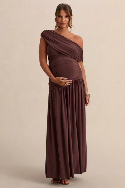 Club L London Marjorie | Dark Brown Asymmetric-Neck Maternity Maxi Dress