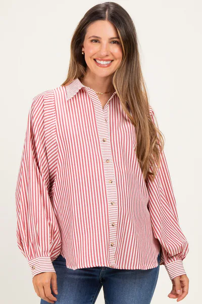 PinkBlush Brick Red  Drape Batwing Button-Down Maternity Shirt
