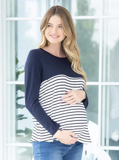 Angel Maternity Cleo Maternity and Nursing Long Sleeve Top in Navy