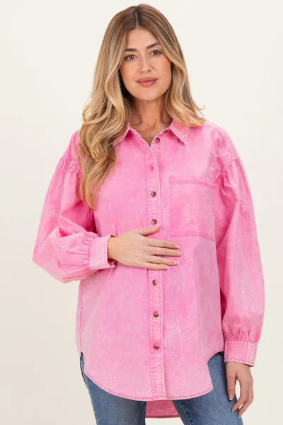 PinkBlush Pink Button Down Lightweight Casual Maternity Shirt