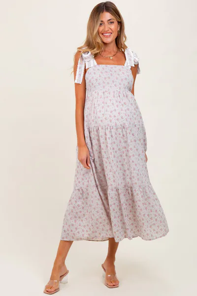 PinkBlush Light Taupe Floral Gingham Shoulder Tie Maternity Midi Dress