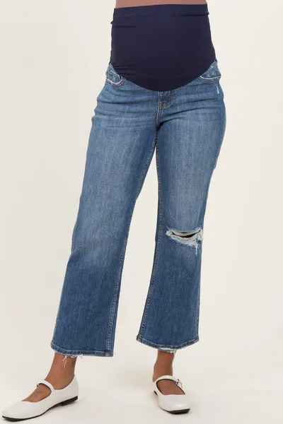 PinkBlush Navy Distressed Open Knee Cropped Wide Leg Maternity Jeans