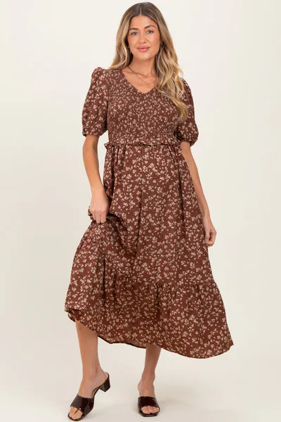 PinkBlush Brown Floral Smocked Short Sleeve Maternity Midi Dress