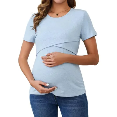Target INSPIRE CHIC Women's Ribbed Knit Short Sleeve Nursing Shirts Crossover Maternity Breastfeeding Tops Medium Sky Blue