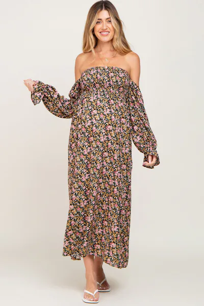 PinkBlush Black Floral Off Shoulder Long Sleeve Maternity Maxi Dress