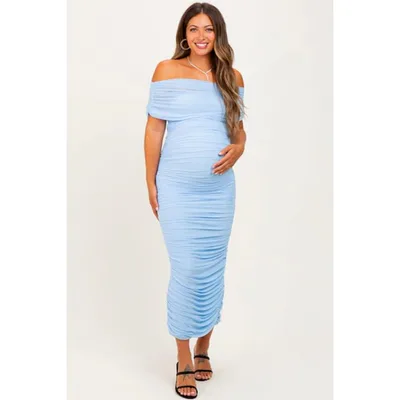 Target Pinkblush Light Blue Ruched Mesh Foldover Off Shoulder Maternity Maxi Dress Small
