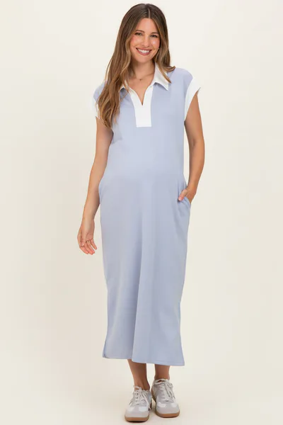 PinkBlush Light Blue Colorblock Polo Maternity Midi Dress