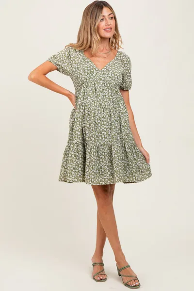 PinkBlush Light Olive Floral Tiered V-Neck Maternity Mini Dress