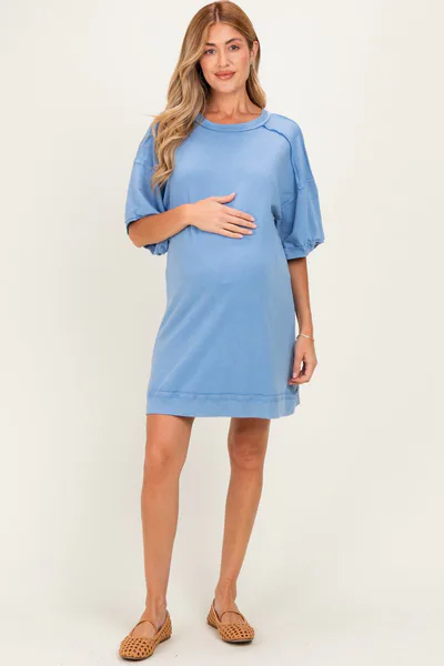 PinkBlush Denim Blue Mineral Wash French Terry Knit Maternity T-Shirt Dress