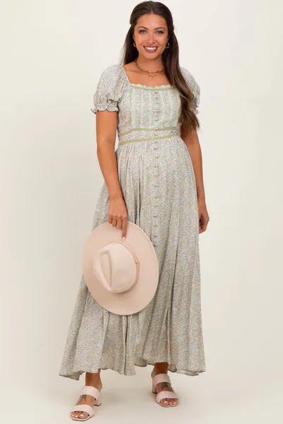 PinkBlush Light Olive Floral Lace Trim Maternity Maxi Dress