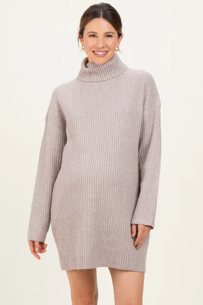 PinkBlush Taupe Turtleneck Chunky Knit Maternity Sweater Dress