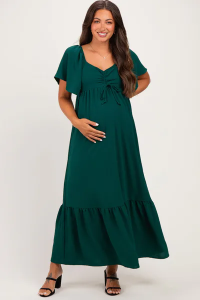 PinkBlush Dark Sage Flutter Sleeve Ruffle Hem Maternity Maxi Dress