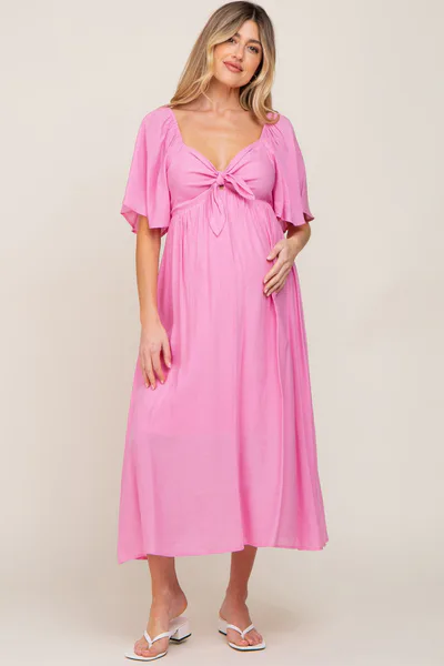 PinkBlush Pink Front Tie Ruffle Sleeve Maternity Midi Dress