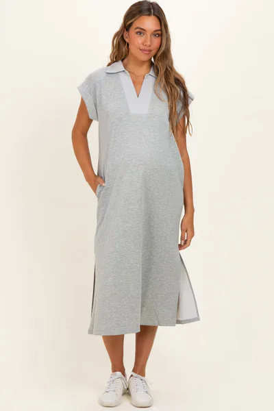 PinkBlush Heather Grey Striped Collared Side Slit Maternity Midi Dress