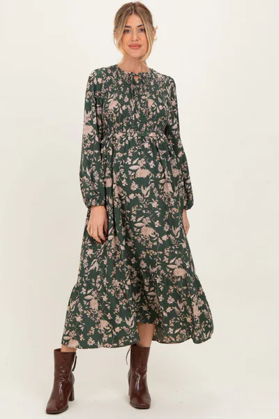 PinkBlush Green Floral Smocked Long Sleeve Maternity Midi Dress