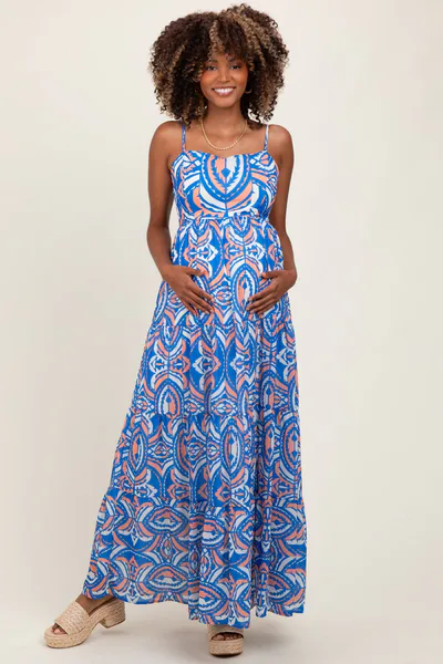 PinkBlush Blue Printed Sleeveless Maternity Maxi Dress