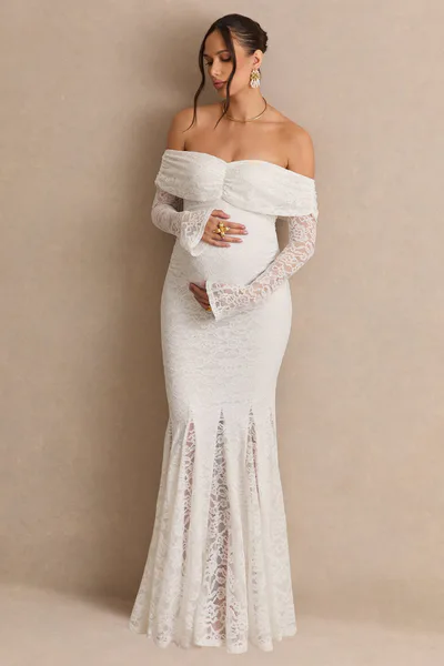Club L London Valleria | White Lace Bardot-Neck Maternity Maxi Dress