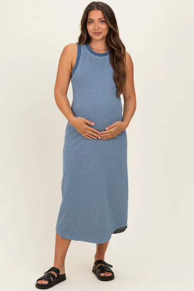 PinkBlush Blue Striped Sleeveless Maternity Midi Tank Dress