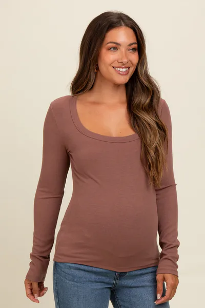 PinkBlush Brown Ribbed Square Neck Long Sleeve Maternity Top