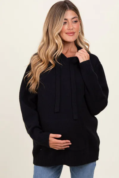 PinkBlush Black Knit Front Pocket Hooded Maternity Sweater