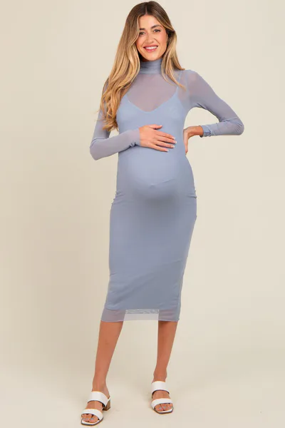 PinkBlush Blue Mesh Overlay Fitted Maternity Midi Dress