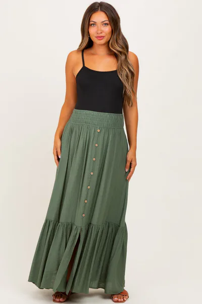 PinkBlush Olive Smocked Waist Button Accent Maternity Maxi Skirt