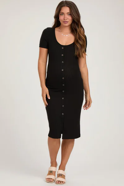 PinkBlush Black Ribbed Front Button Accent Short Sleeve Maternity Midi Dress