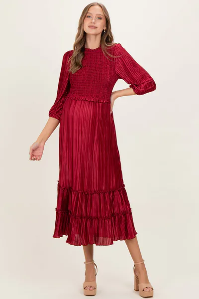 PinkBlush Burgundy Pleated Satin Smocked Bodice Maternity Midi Dress