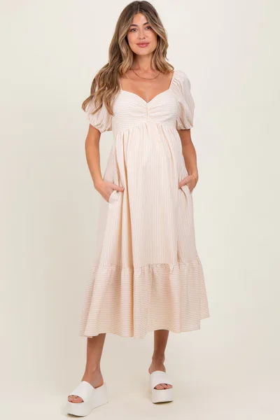 PinkBlush Beige Sweetheart Stripe Smocked Back Maternity Midi Dress
