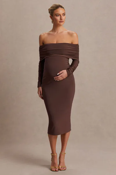 Club L London Elspeth | Brown Bardot-Neck Maternity Midi Dress