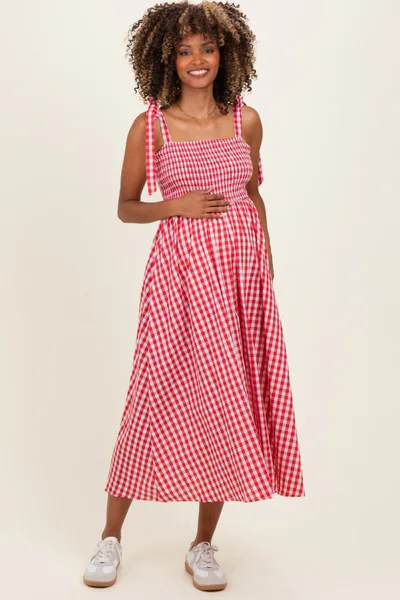 PinkBlush Red Gingham Smocked Shoulder Tie Maternity Midi Dress