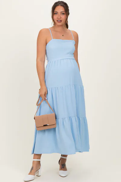 PinkBlush Light Blue Tiered Cutout Tie Back Maternity Midi Dress