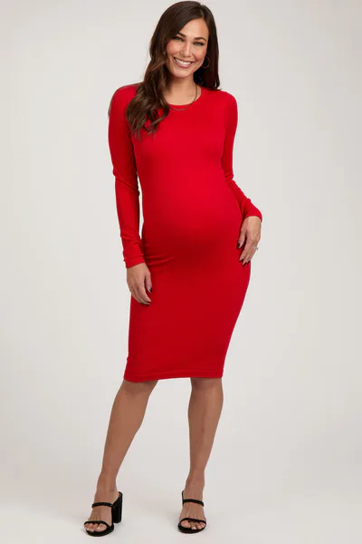 PinkBlush Red Ribbed Maternity Seamless Fitted Dress