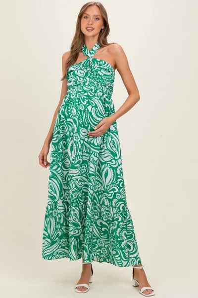 PinkBlush Green Printed Halter Neck Keyhole Maternity Maxi Dress