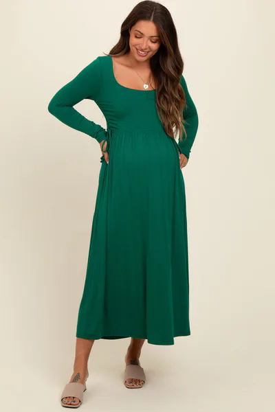 PinkBlush Forest Green Square Neck Long Sleeve Maternity Midi Dress