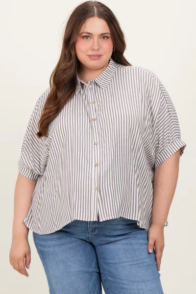 PinkBlush Brown Striped Button Up Short Dolman Sleeve Maternity Plus Top