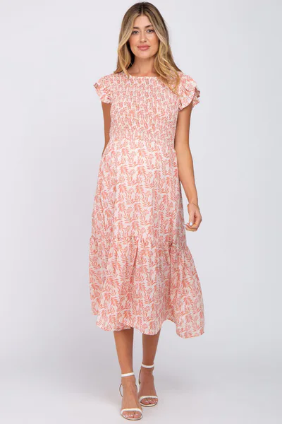 PinkBlush Pink Leaf Print Smocked Ruffle Sleeve Maternity Midi Dress