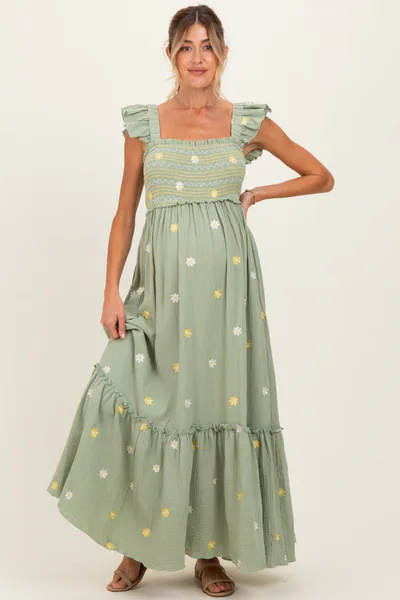 PinkBlush Green Floral Embroidered Smocked Maternity Maxi Dress