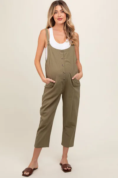 PinkBlush Olive Button Down Maternity Cropped Jumpsuit