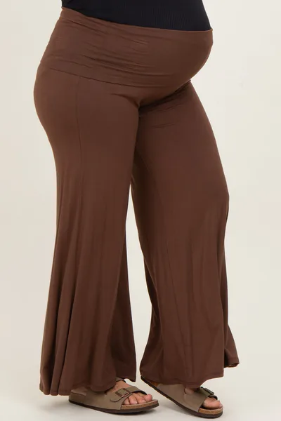 PinkBlush Brown Fold Over Waist Wide Leg Maternity Plus Lounge Pants