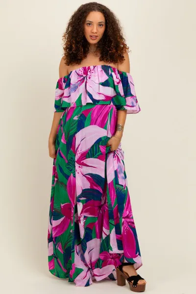 PinkBlush Purple Tropical Floral Off Shoulder Flounce Maternity Maxi Dress