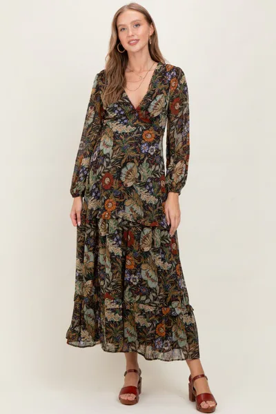 PinkBlush Black Floral Chiffon V-Neck Long Sleeve Maternity Maxi Dress