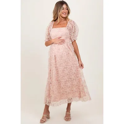 Target PinkBlush Light Pink Floral Mesh Overlay Tie Back Maternity Midi Dress Light Pink Medium